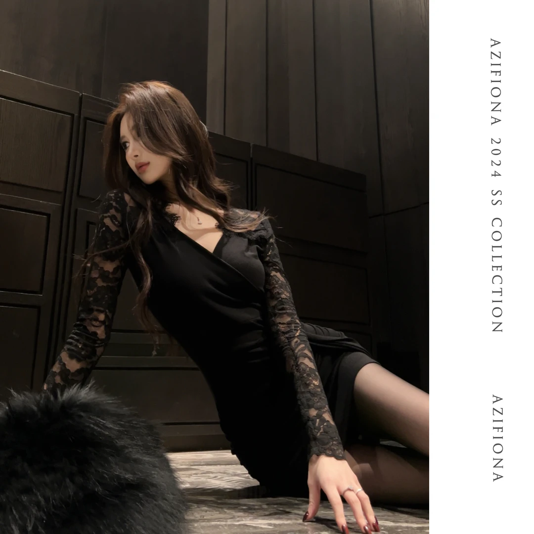 向晚·黑色铃兰*原创秋冬蕾丝V领收腰御搭显身材包臀黑色连衣裙