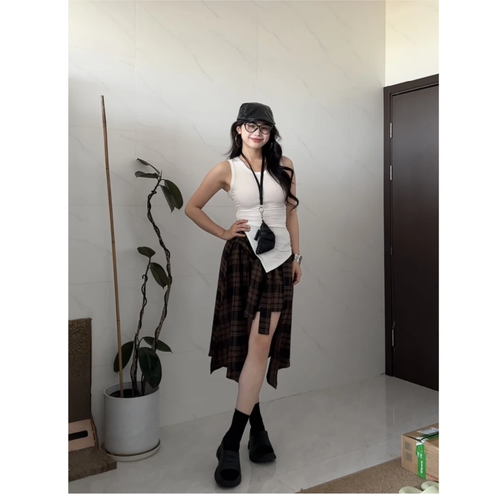 向晚.叠穿中古不规则系带格子半身裙 轻薄透气褶皱掐腰背心 套装