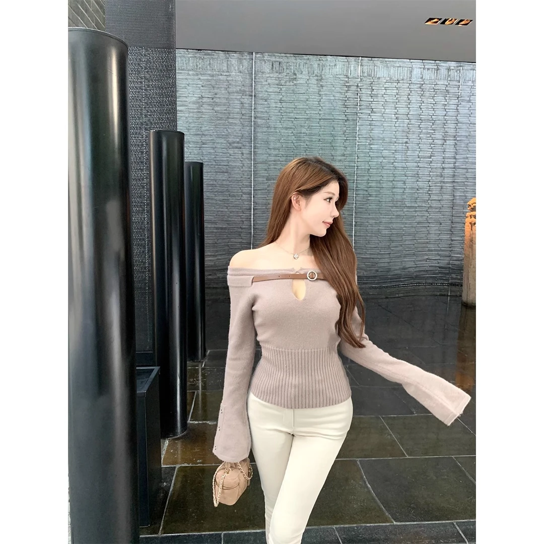 向晚.轻颜韩女韩系时髦可拆皮带一字肩针织衫长袖露肩上衣