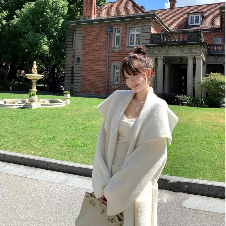 【韩系温柔】慵懒千金松弛感大毛衣外套女秋温暖绒感大翻领腰带开衫
