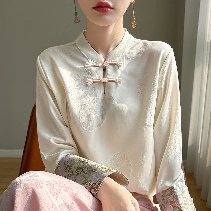 【盘扣国风上衣】刺绣绣花重工提花民国风立领新中式醋酸衬衫女F68
