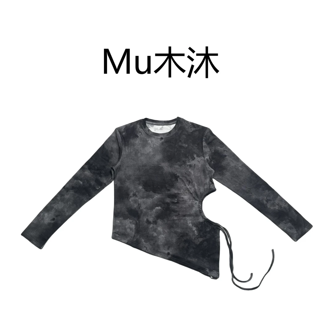 Mu木沐♠新品不规则缺口飘带长袖T恤