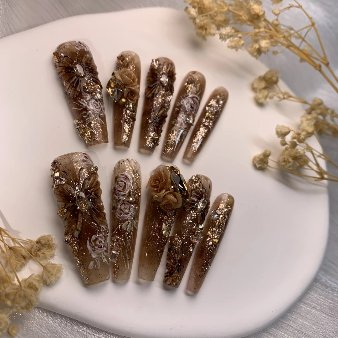 枯叶蝶  纯手工定制款雕花穿戴甲10片 咖色