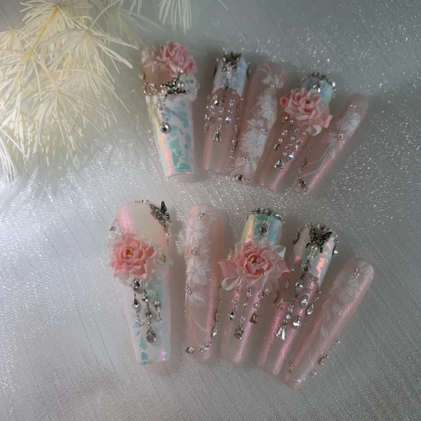 仙女甲系列 纯手工定制款雕花穿戴甲10片 气质