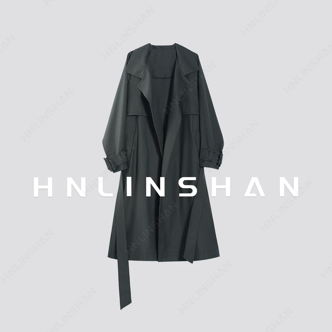 LS【黛绿】秋季经典时尚气质宽松百搭气质设计款长款风衣23310105