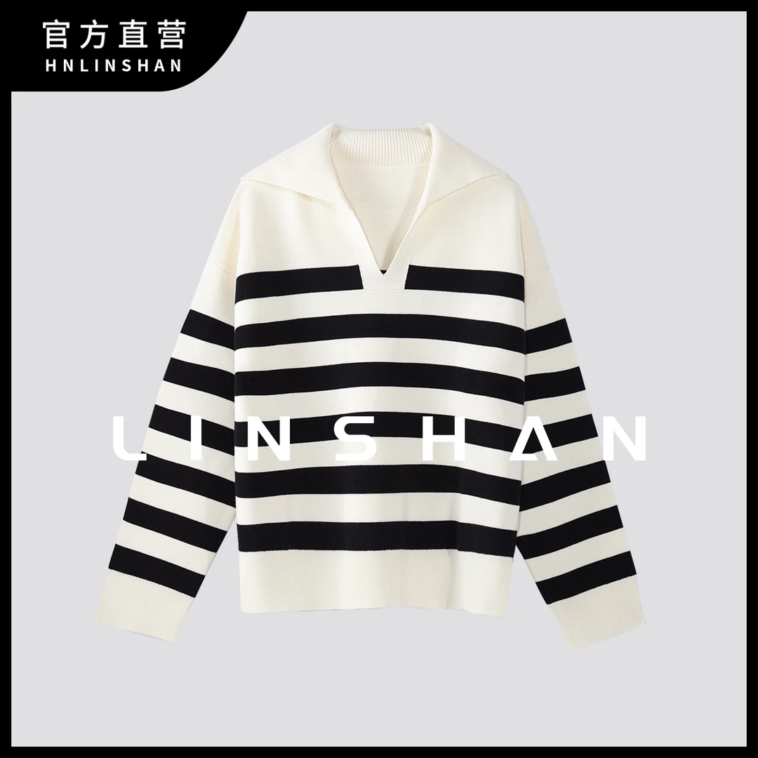 【直】HNLINSHAN 【法式条】春季新时尚百搭海军领条纹针织衫23319207