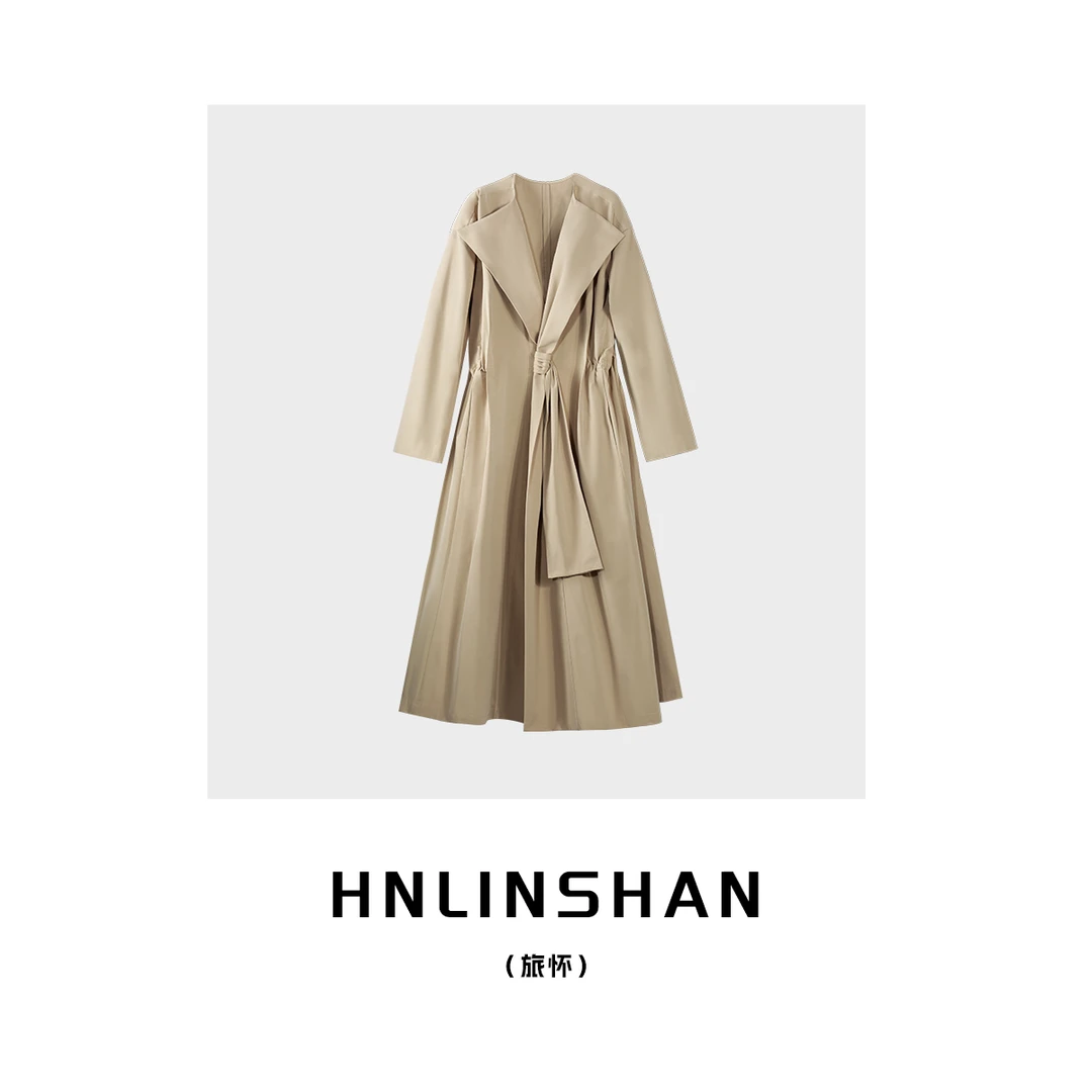 HNLINSHAN【旅怀】秋新腔调大翻领设计款长款卡其风衣外套23310102