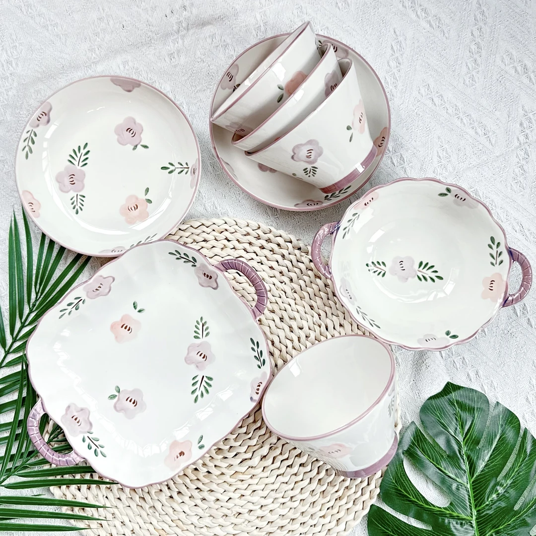 紫萱花八件高颜值釉下彩陶瓷餐具盘子碟子汤碗碗碟套装