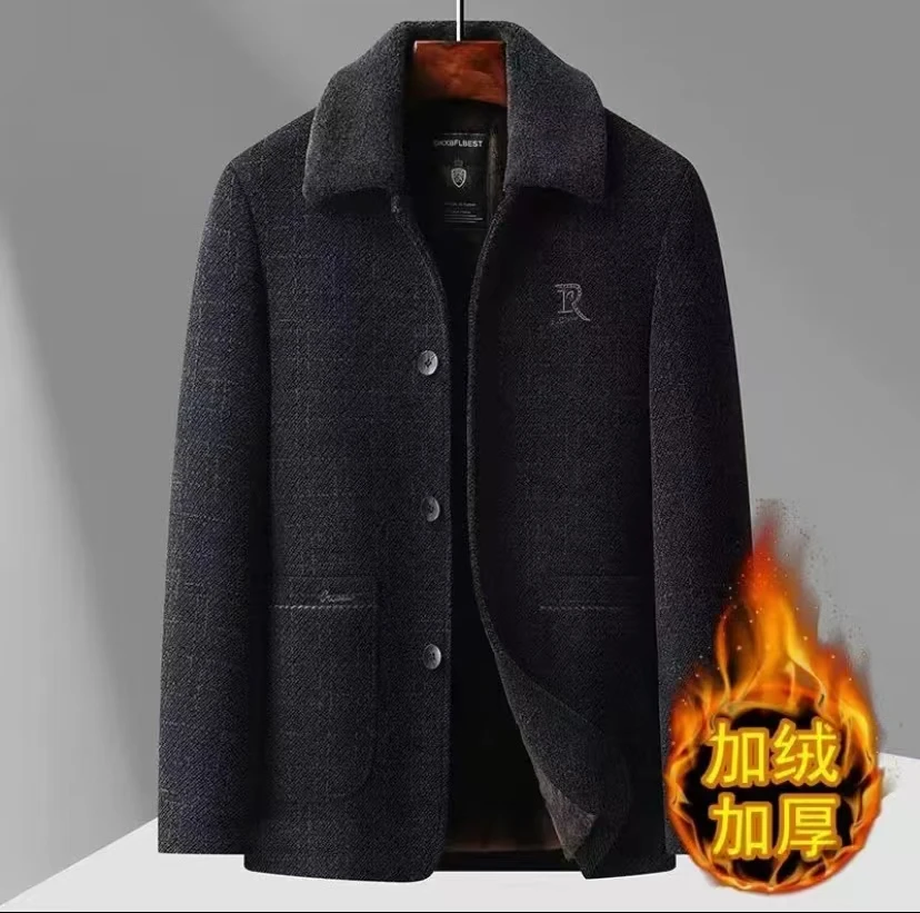 【纽扣款】加绒加厚毛领雪尼尔男士外套中老年爸爸装休闲商务翻领