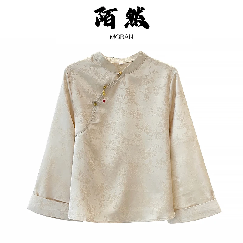 Jokara/丘可儿【清川】新中式竹子提花衬衣复古钉珠长袖斜襟衬衫