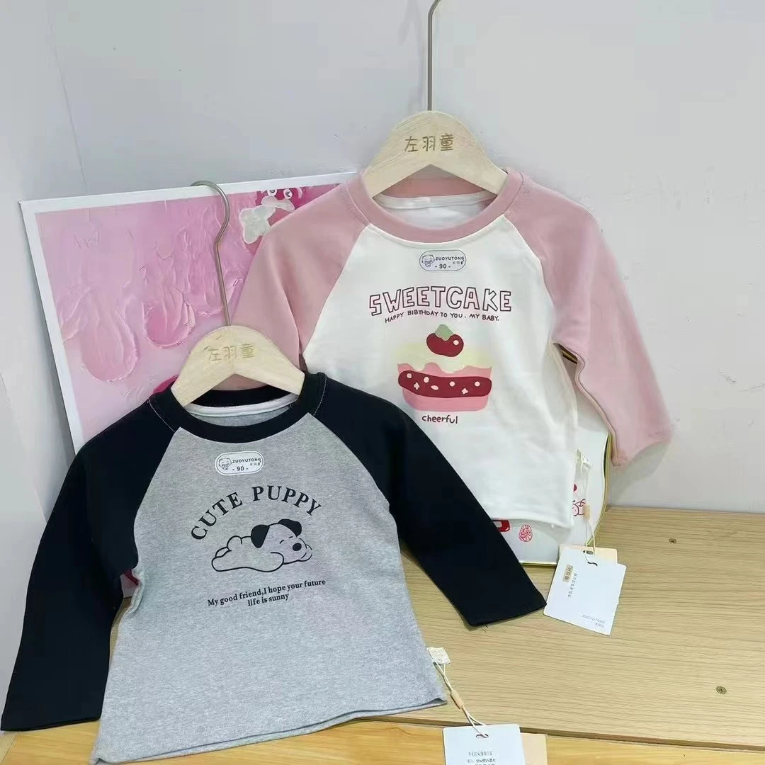 女童可爱卡通百搭圆领羊毛拉架棉打底衫