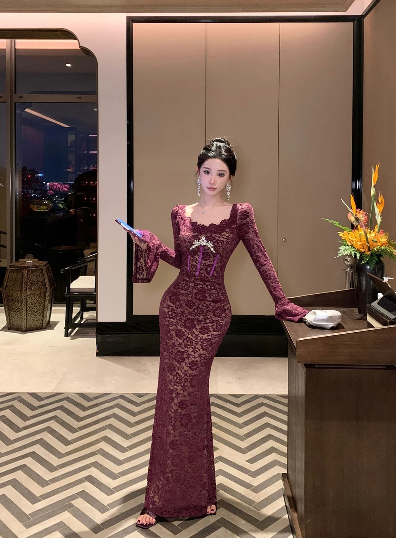 名媛风紫色蕾丝连衣裙高级感礼服气质御姐风情万种