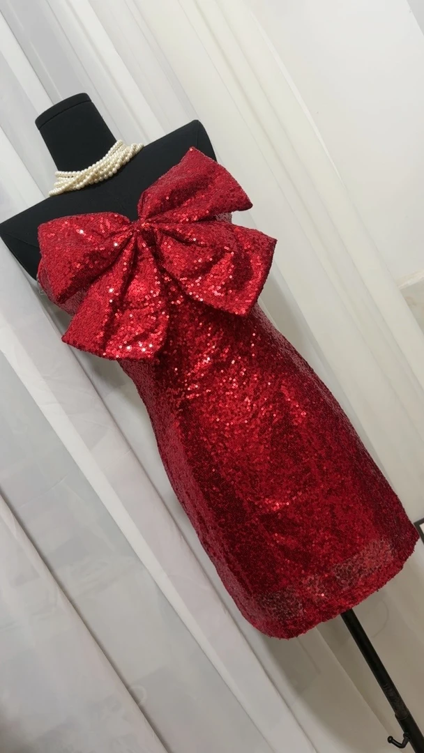 三色重工亮片摸胸蝴蝶结连衣裙