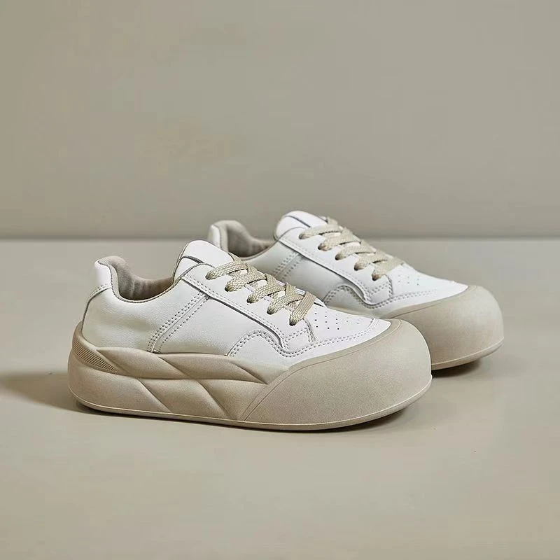 2024低帮系带圆头百搭面包鞋时尚情侣韩版经典皮面学生小白鞋