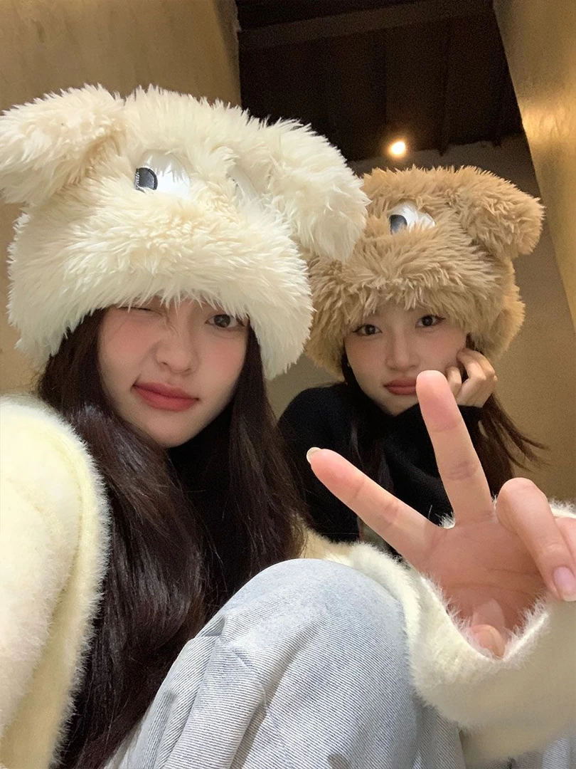 秋冬搞怪卡通小狗套头帽子女眼睛长耳朵包头帽加厚保暖可爱毛绒帽