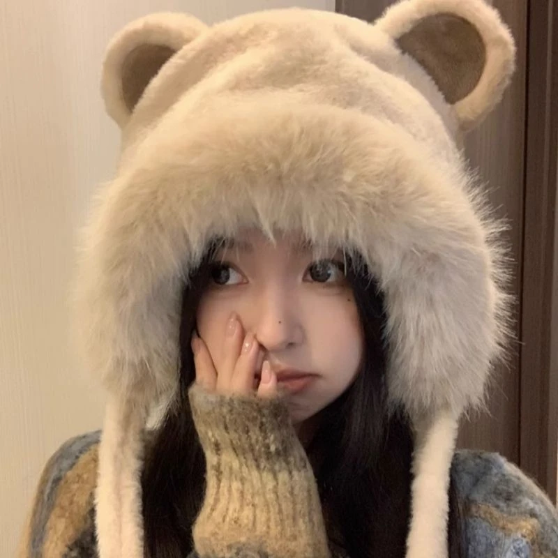 可爱小熊耳朵毛绒雷锋帽冬季保暖加厚护耳韩版甜美包头冷帽防鸿欢