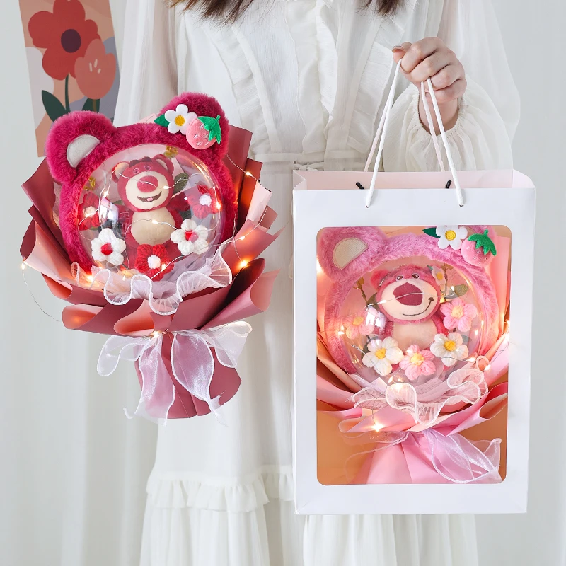 仿真假花泡芙花束创意球玩偶熊生日礼物惊喜卡通花礼品送闺蜜女友