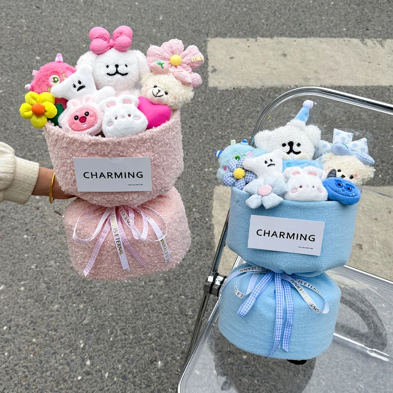 小香风毛绒线条小狗仿真假花花束创意玩偶卡通可爱生日礼物送女生