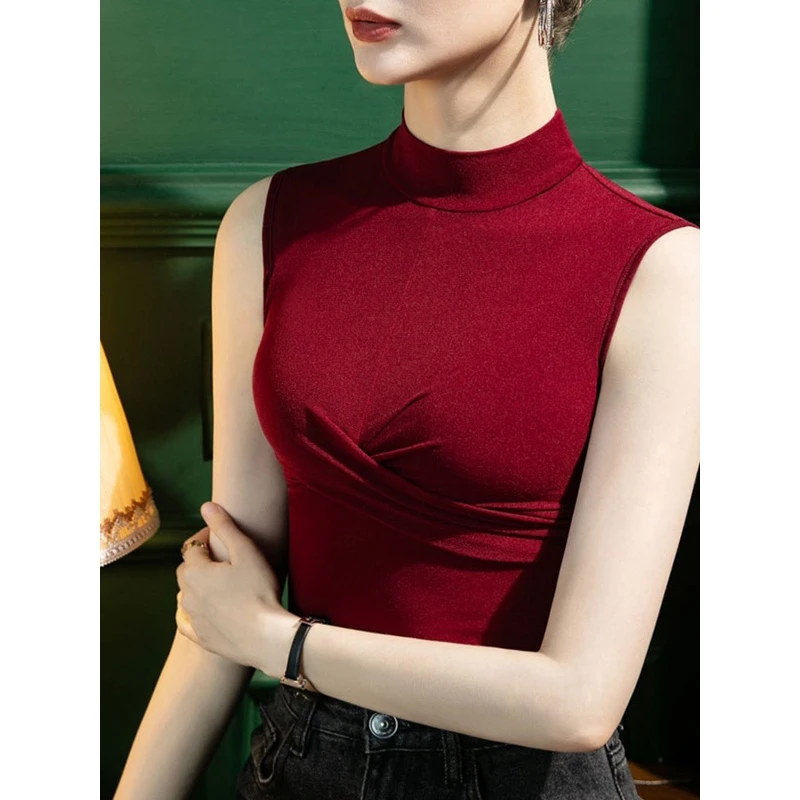 半高领打底衫女网纱2024春夏内搭修身显瘦立领褶皱无袖背心欧货潮