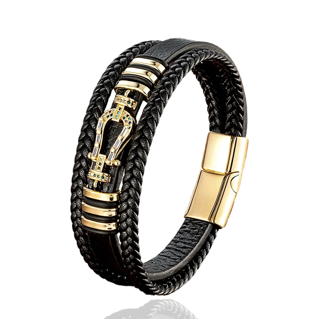 钛钢锆石手链 马蹄形锆石男士手链男皮质手镯编织复古百搭个性