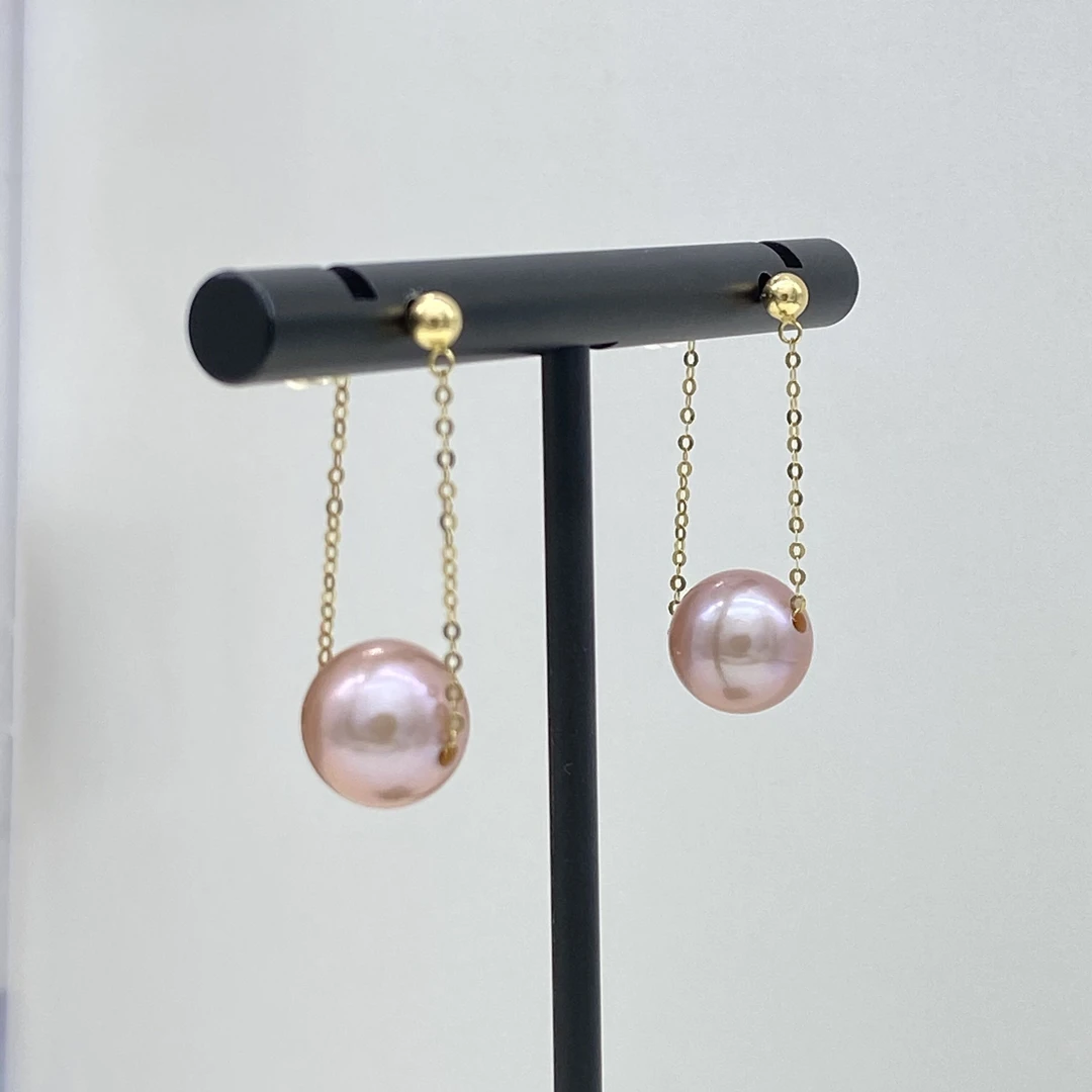 通体18K黄金正圆紫色天然珍珠9-10点位三种戴法百搭耳线秋千耳饰