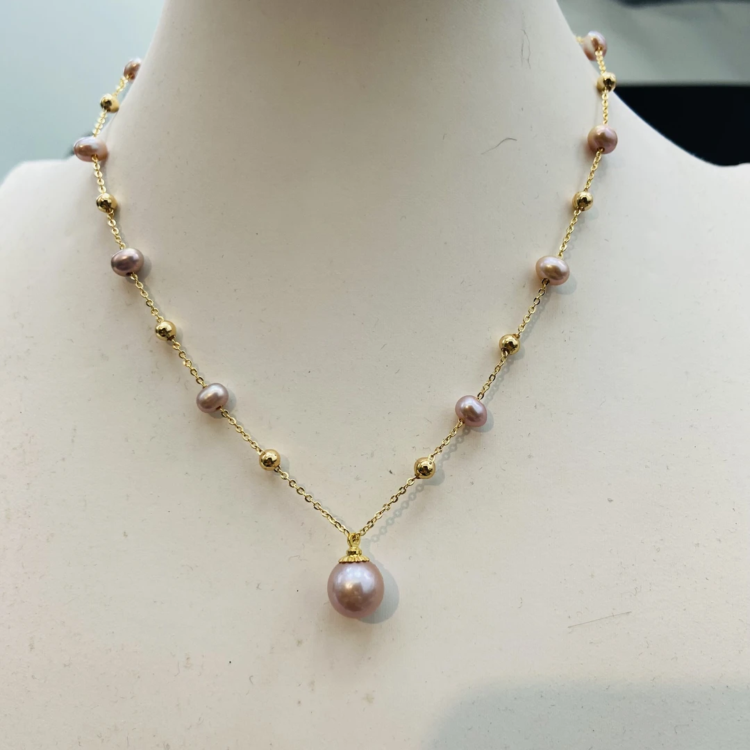 淡水紫色天然珍珠正圆9-10点位吊坠满天星合金项链新手活动必入款