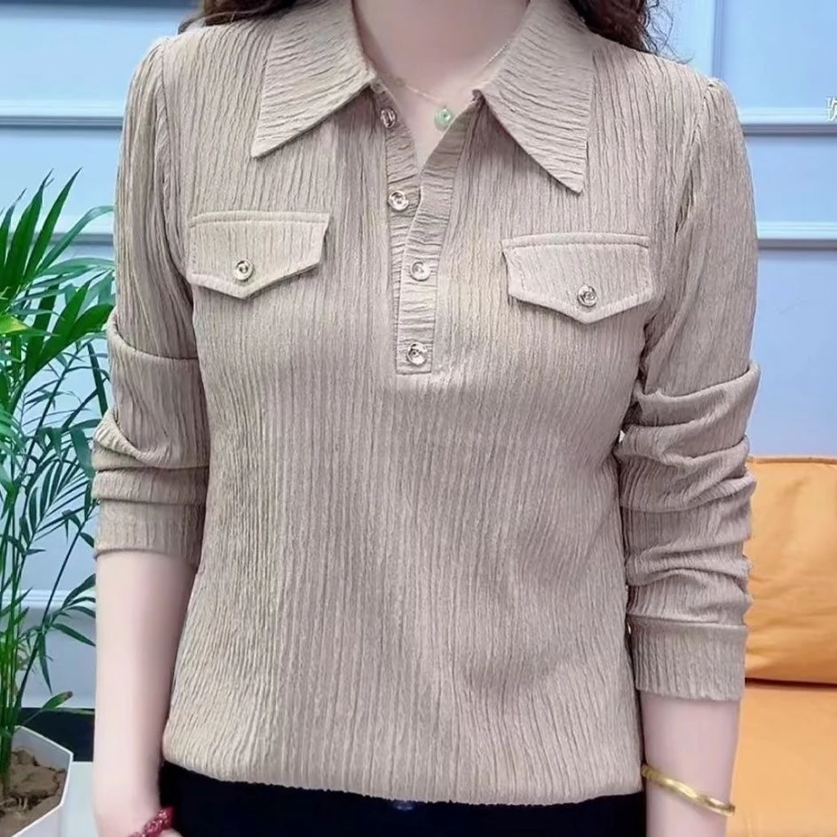 春秋女士polo领气质半开衬衫洋气百搭高档翻领上衣时尚显瘦遮肉