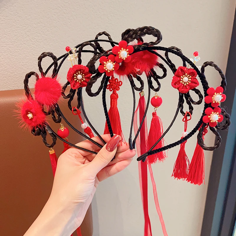 儿童新年汉服发饰小女孩中国风头饰女童假发辫子拜年发箍宝宝头箍