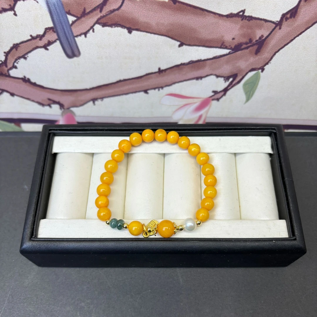 蜜蜡带蓝翡算盘珍珠手串  7MM