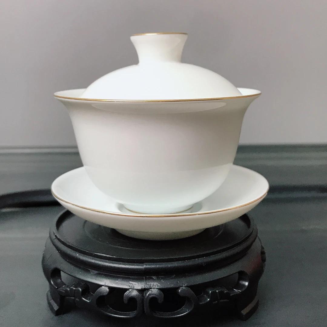 蜜蜡黄盖碗白瓷羊脂玉描边金线三才金边大号陶瓷盖碗盖碗茶杯描金