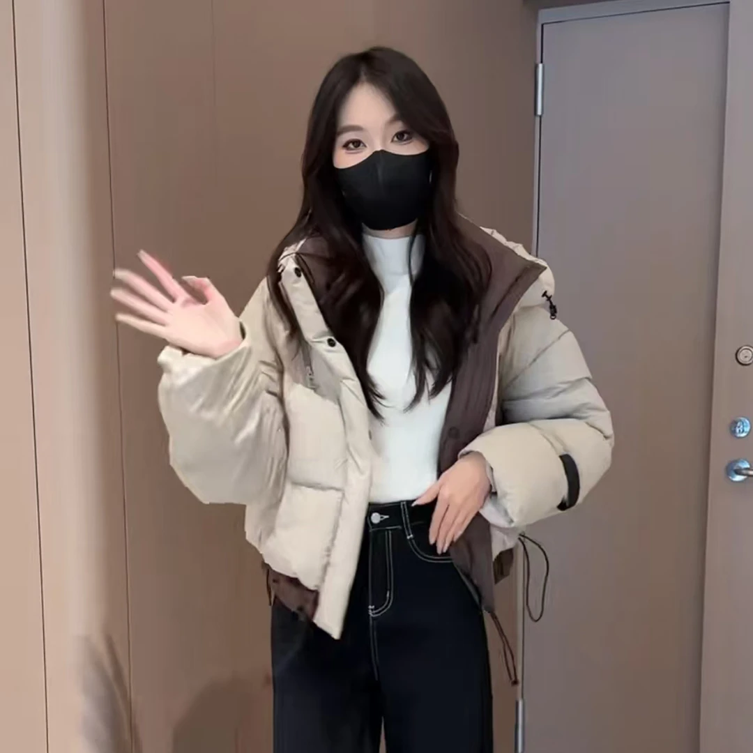 7445短款棉服女连帽超好看的撞色时尚洋气加厚保暖外套冬