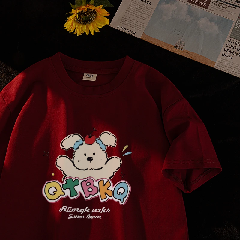 可爱卡通潮牌小狗纯棉短袖女童t恤夏季中大童oversize上衣#V3545