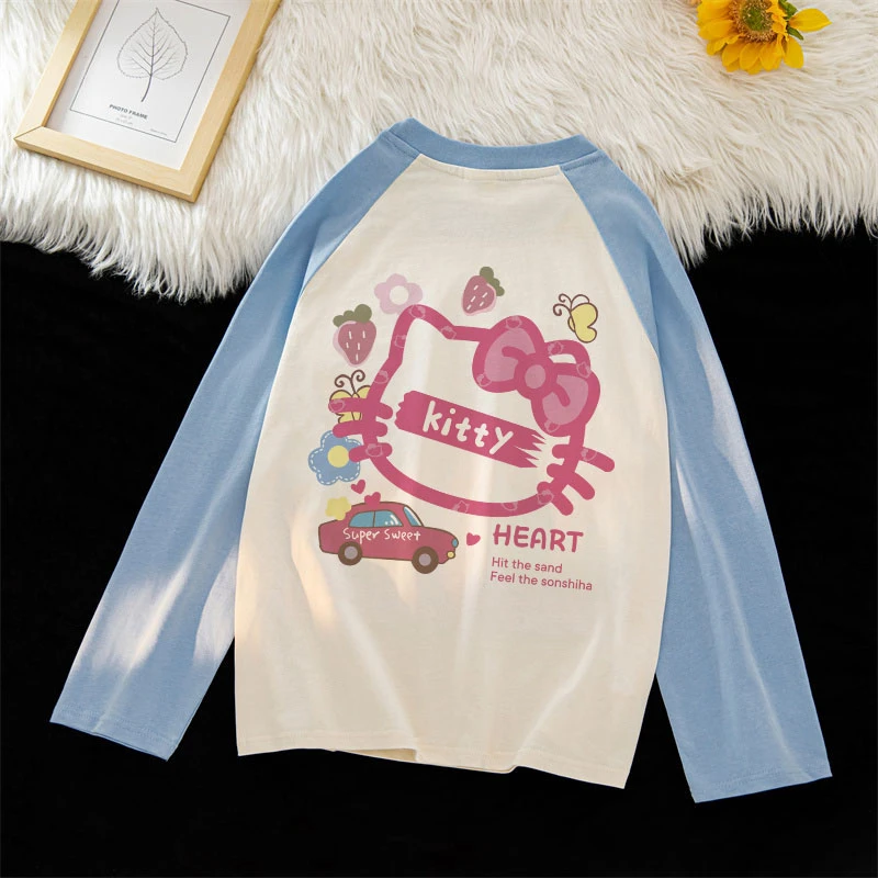 女童卡通凯蒂猫印花插肩长袖t恤秋冬中大童学院风上衣ins#ayu624