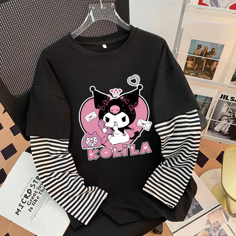 女童库洛米卡通洋气韩版纯棉假两件长袖t恤中大童秋装上衣服#V259