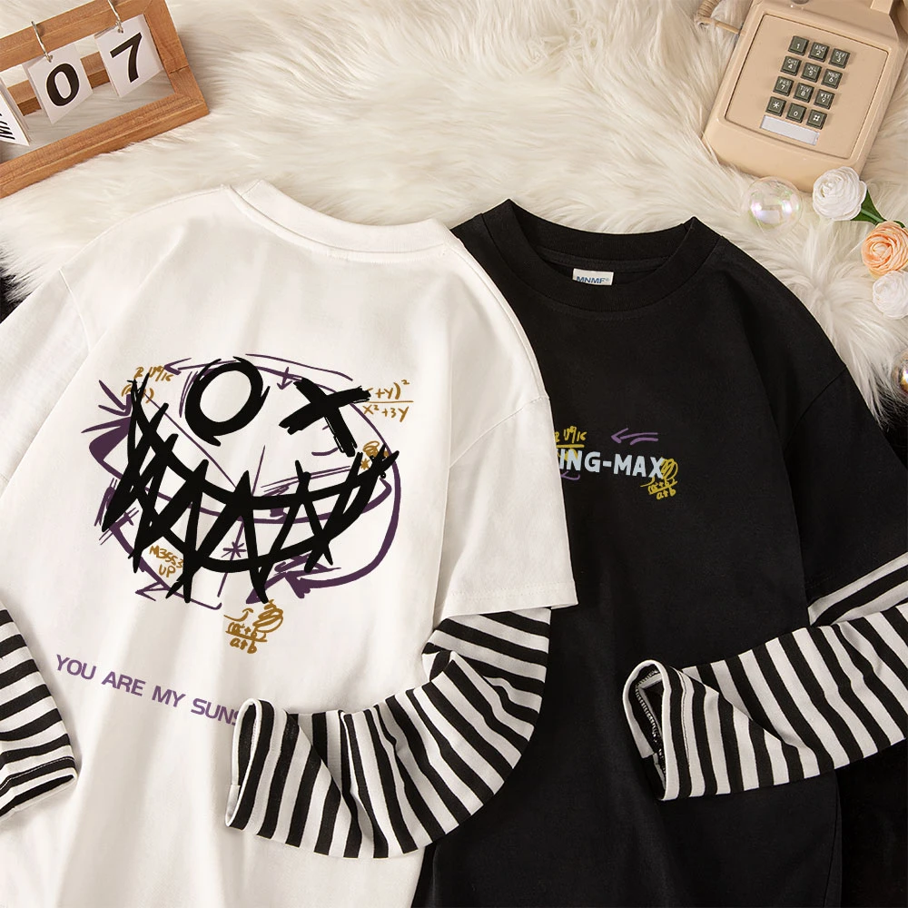 秋冬季新款男童拼接长袖假两件纯棉美式潮流中大童宽松上衣#V1332