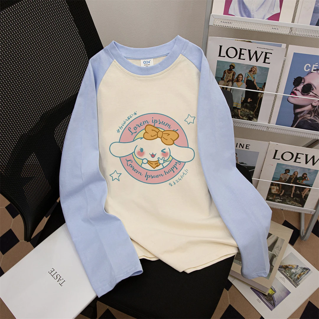 2024新款女童卡通玉桂狗圆领插肩长袖T恤中大童春秋季上衣#V1644