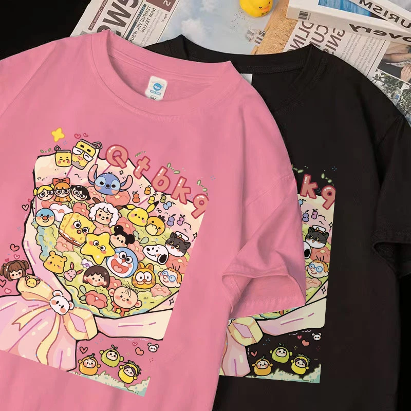 男女童t恤短袖百搭宽松动漫卡通人物大合照时尚中大童上衣#V2557