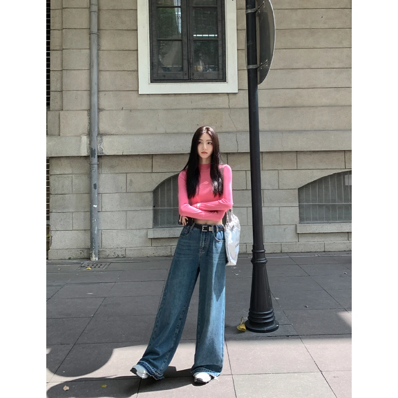 韩系气质修身显瘦纯色长袖T恤上衣女春秋季时尚高腰垂感牛仔裤