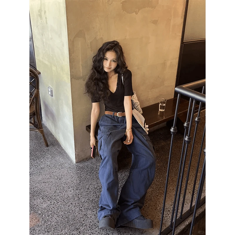 美式复古街头辣妹V领修身显瘦短袖上衣女夏季时尚高腰宽松工装裤