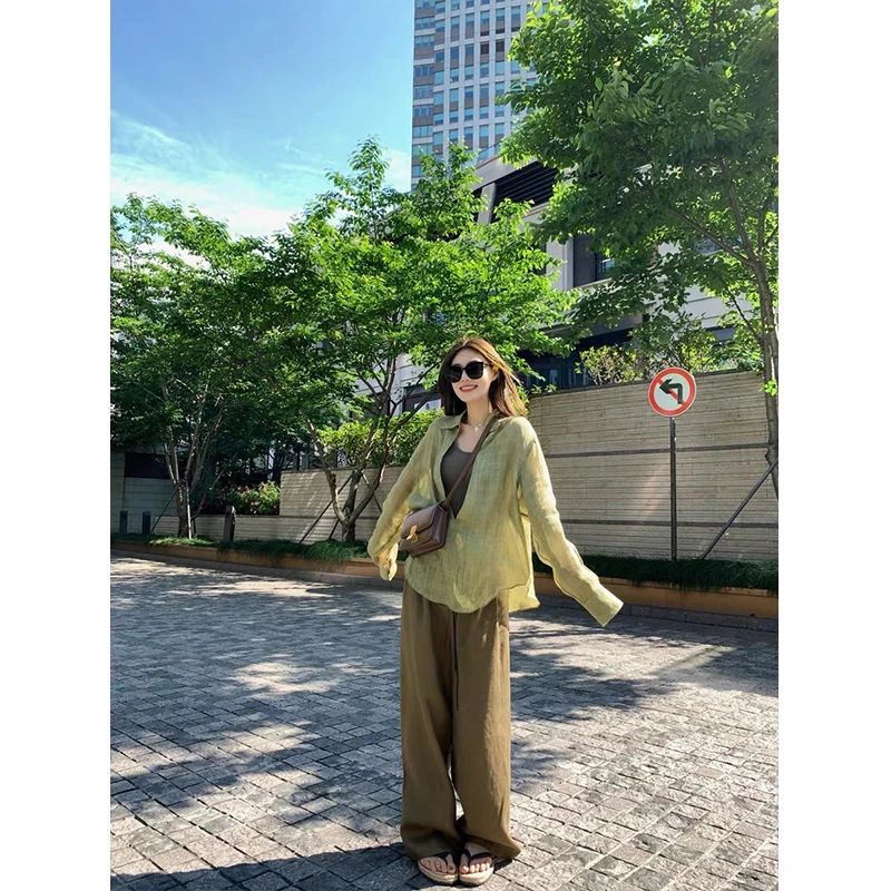 慵懒风少女感宽松简约防晒衬衫夏季显瘦吊带背心时尚高腰休闲裤