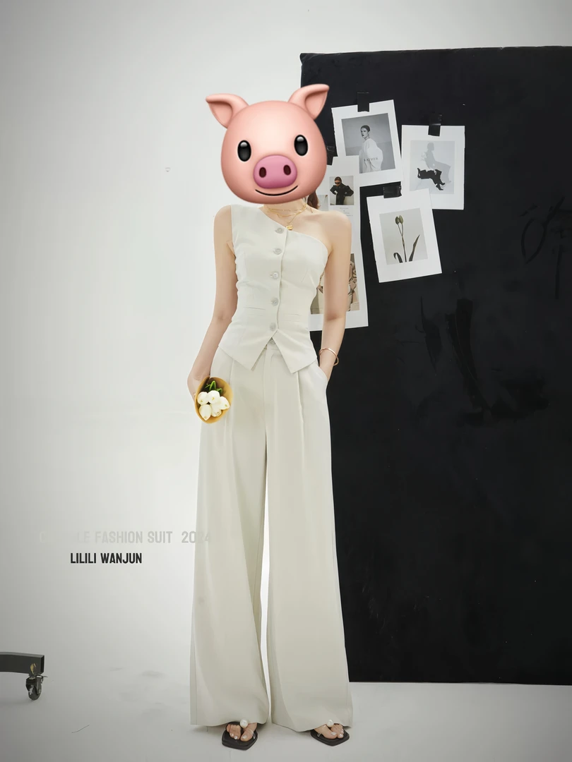 套装女港风复古设计感斜肩西装马甲上衣夏季时尚高腰阔腿裤两件套