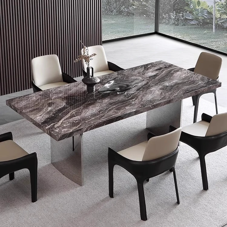 意式简约岩板餐桌小户型家用长方形设计师威尼斯棕下挂镜面餐桌