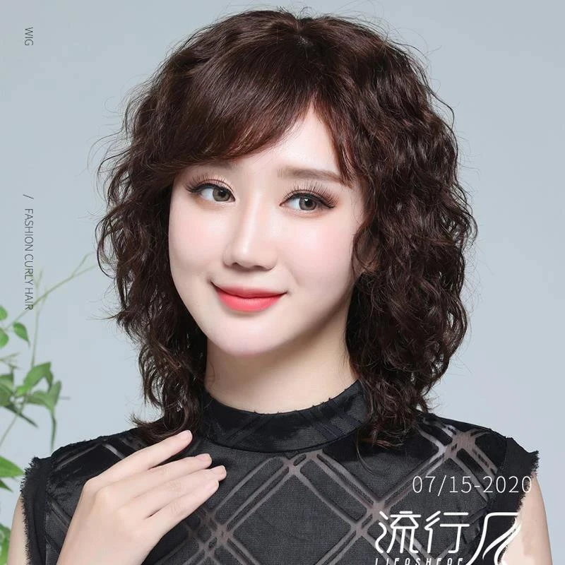 假发中年妈妈女士假发全真人发丝假发头套仿真发丝假发头套羊毛卷