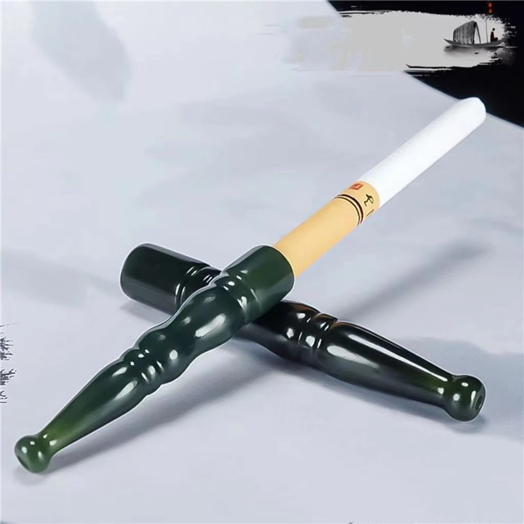 天然和田玉烟嘴青玉竹节玉石烟嘴过滤嘴塔青节节高升烟具玉石烟斗