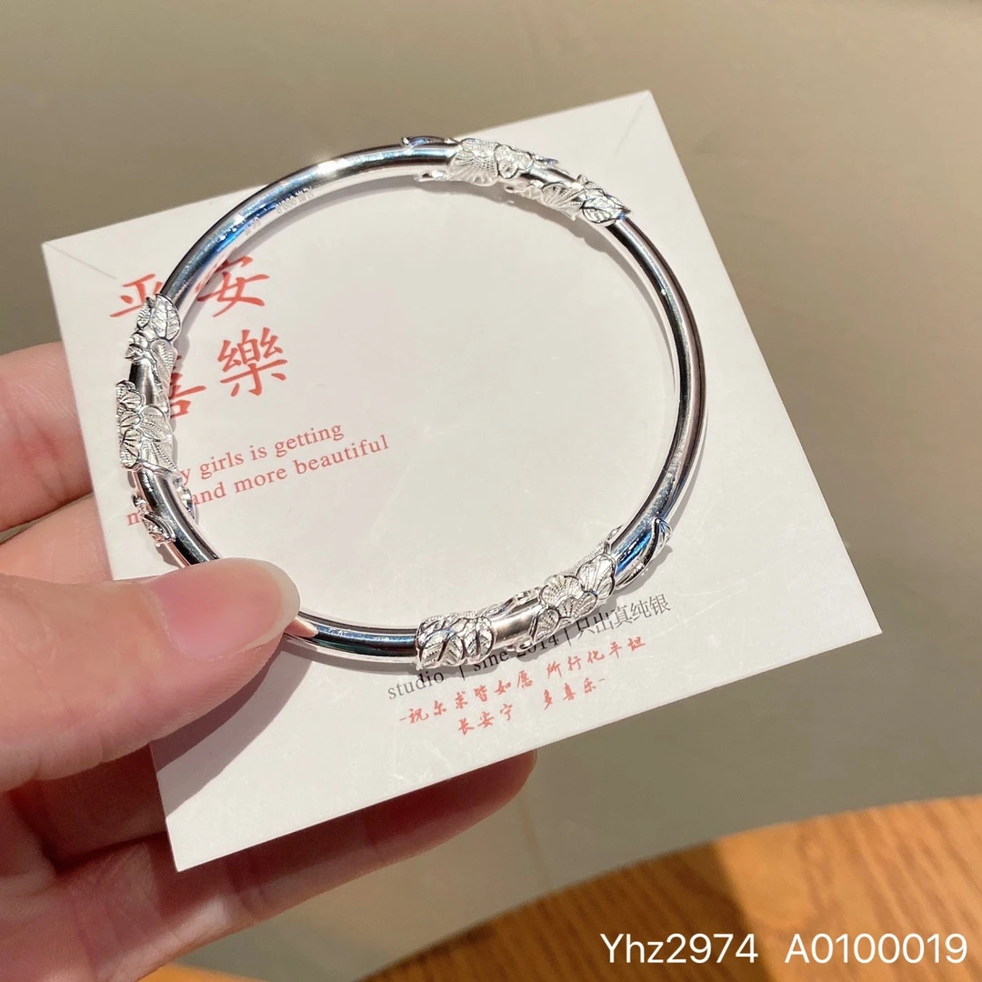 足银手镯 【热门爆款】足银999.9时尚圆棍繁花似锦银手镯9999纯银
