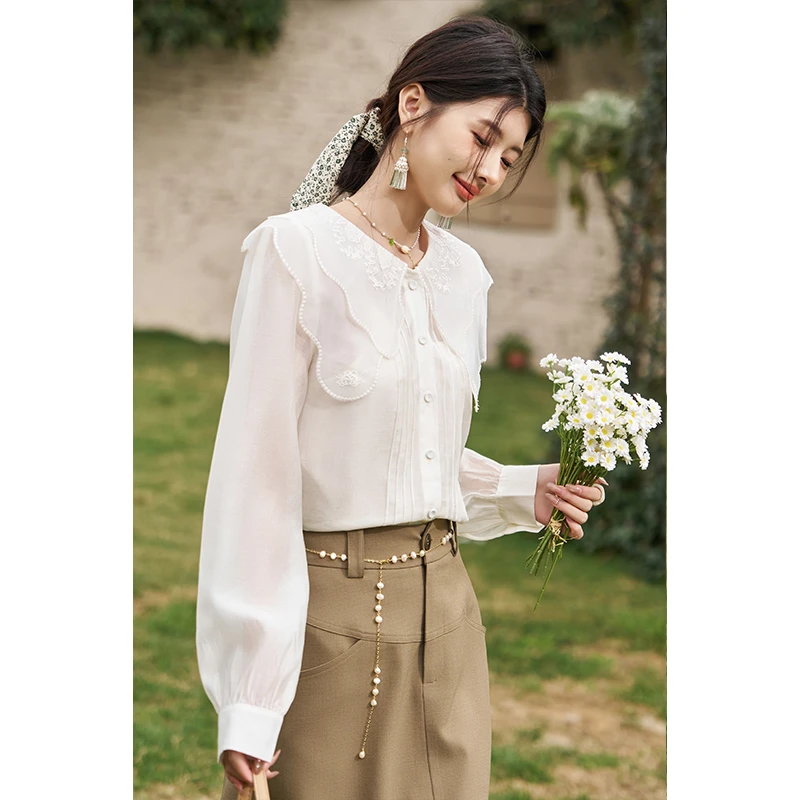 谜秀提花绣花衬衫女花边荷叶双层领花苞袖肌理感衬衣MXC58C0149