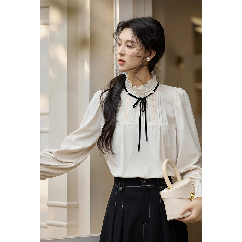【年中大促】谜秀法式优雅洋气磨毛衬衫长袖女2024韩版别致上衣春秋