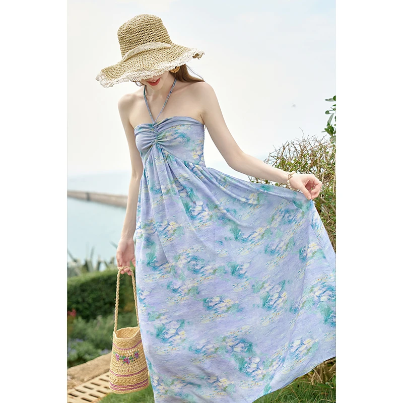 【年中大促】谜秀新品法式挂脖碎花连衣裙女2024新款V领显瘦吊带