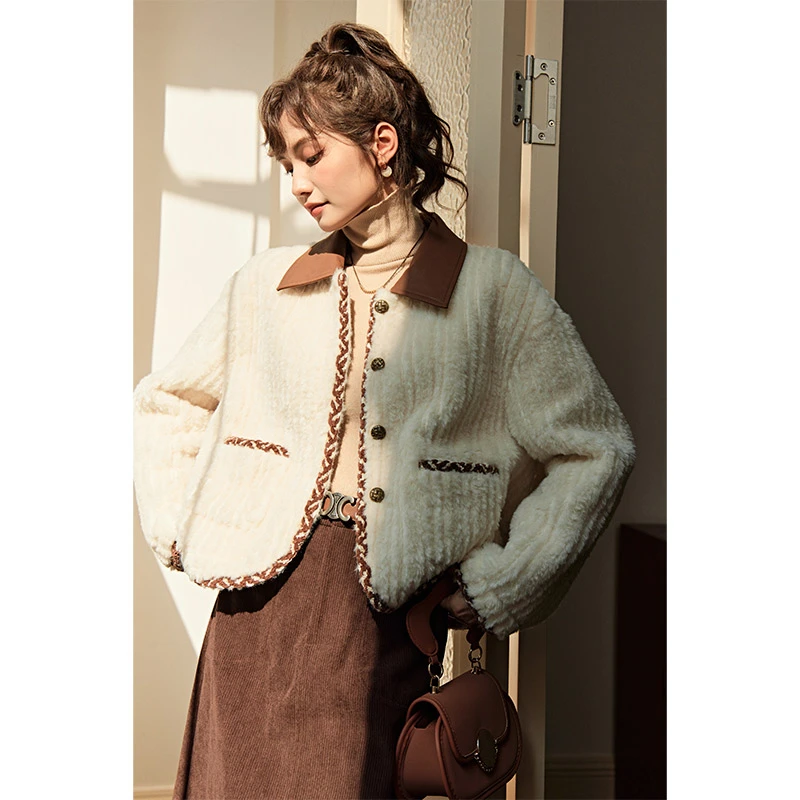 谜秀仿皮草羊羔毛短外套冬加厚保暖撞色气质复古MXC51W0105小个子