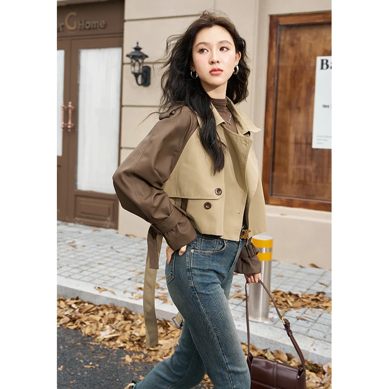 谜秀拼皮风衣女2023秋季显瘦小个子高级感短款外套女  MXC48W0157